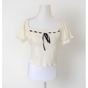 NWT Women's Y2K Milkmaid Ivory Top Size L Ribbed Festival Fairy Coquette Bow